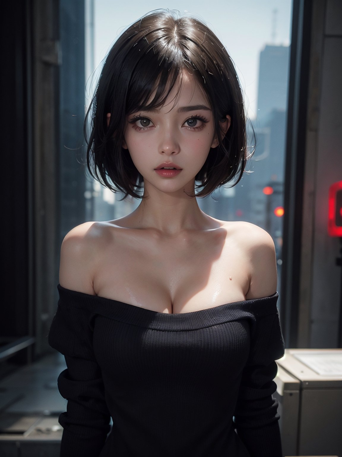 超A high resolution, masutepiece, Best Quality, perfect glossy shiny skins, Perfect Lighting, Detailed Lighting, Dramatic shadows, Ray tracing, 1girl in, Upper body, White sweater, Looking at Viewer, off shoulders, Exposed cleavage, Sharp face, Sharp eyes, Cyberpunk, Long bangs, short cut hair, (blond: 0.5), natural (Big breasts: 0.5), Wet , NSFW