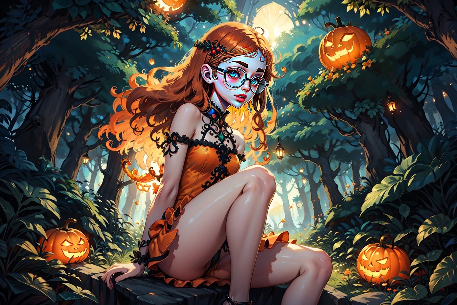 fairy with green eyes, with round glasses and curly orange hair, with a short body-length dress, a little sexy but without being vulgar, like that of a fairy and orange in color, with transparent wings like those of an insect sitting with a background forest, long hair, curly hair,
perfect legs, orange dress,nodf_lora,Rayearth,Jack o 'Lantern,DonMD34thM4g1c,holymagic,fantasy,magical energy,Magic Forest