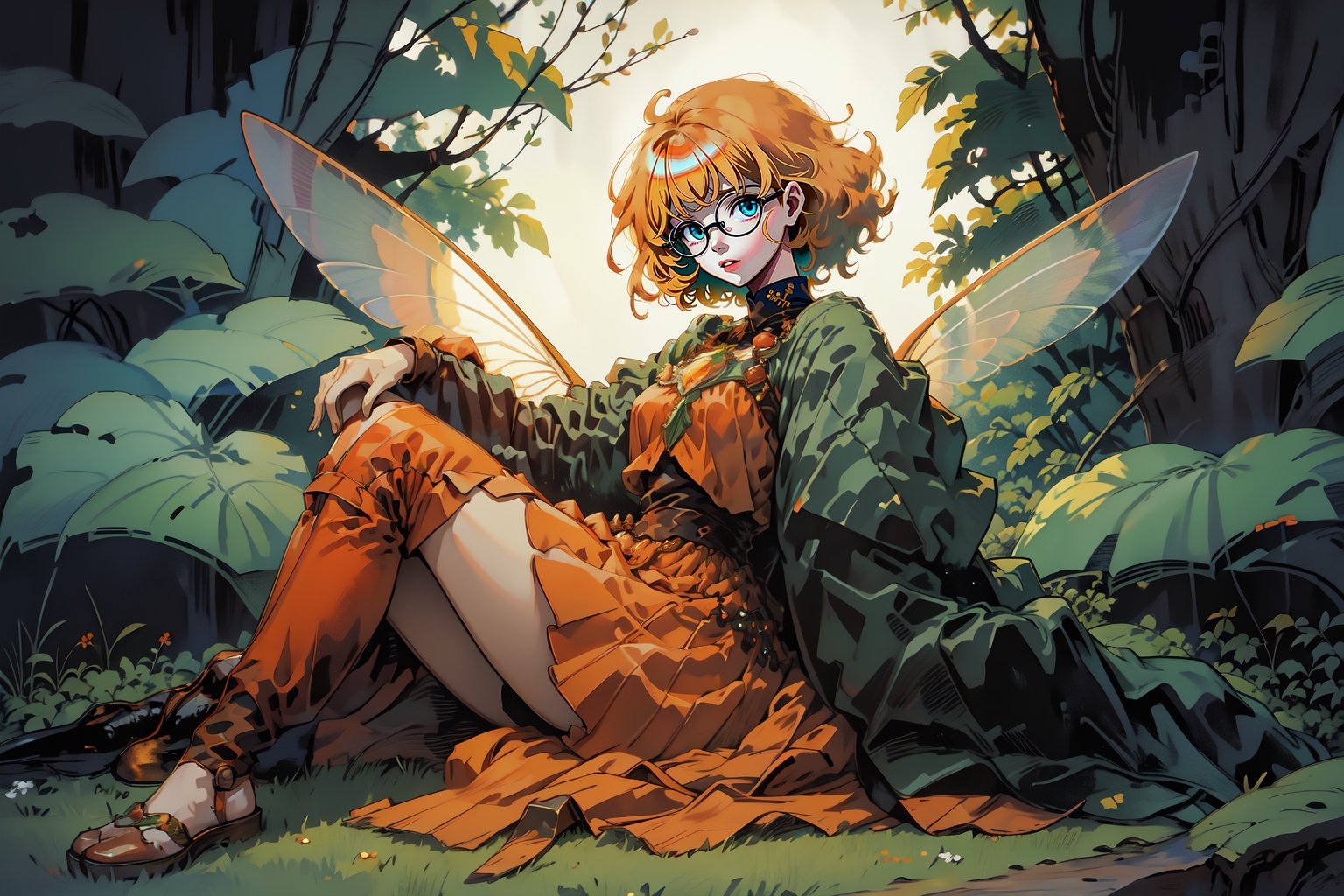 fairy with green eyes, with round glasses and curly orange hair, with a short body-length dress, a little sexy but without being vulgar, like that of a fairy and orange in color, with transparent wings like those of an insect sitting with a background forest
perfect legs, orange dress,nodf_lora,Rayearth