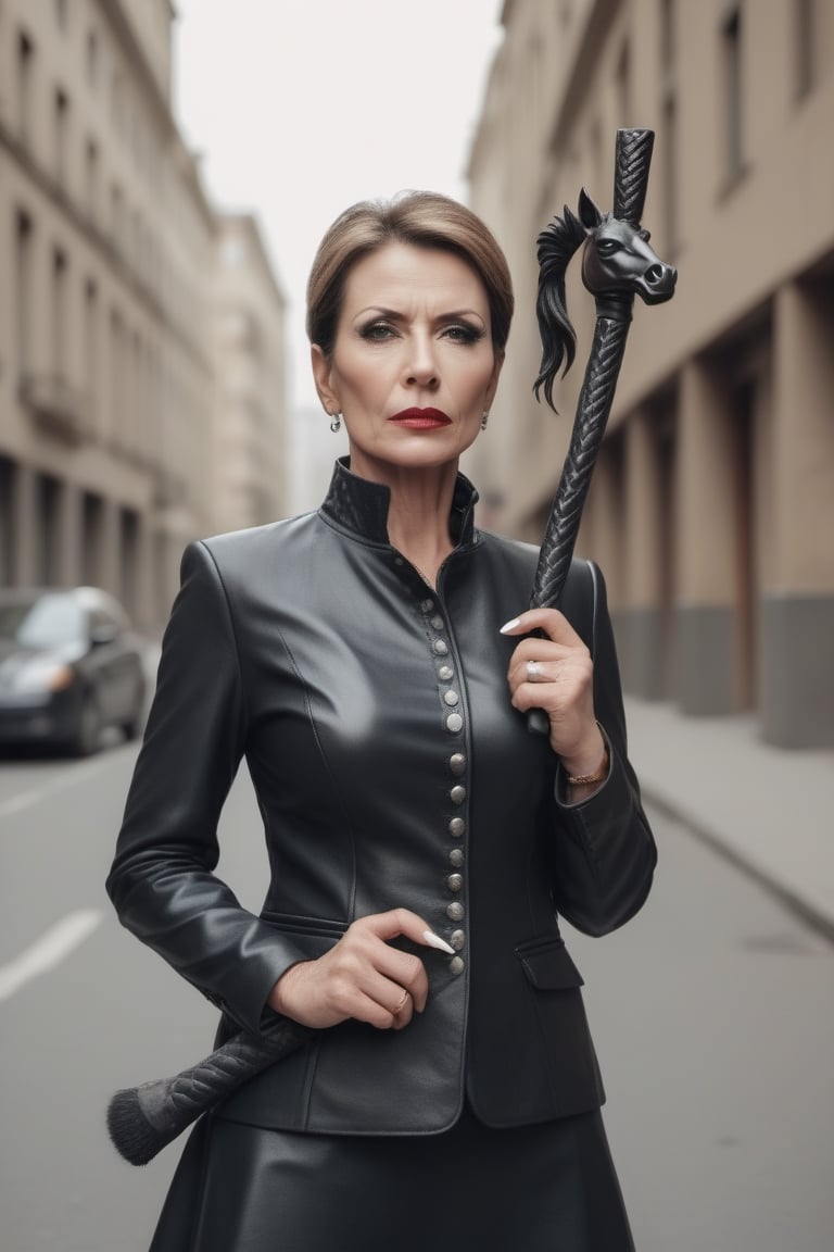 50 years old sophisticated arrogant sadistic evil cruel strict   mature evil rich disciplinarian with make up in elegant fancy leather atterie in the city with a horse riding stick  