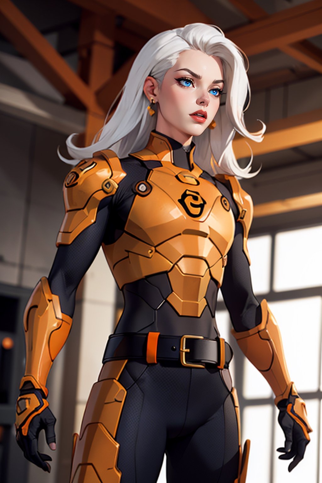 Masterpiece,4k, Drew saturday,  long hair, white hair, armor , orange,  blue eyes , black boots, belt, orange lips, earrings 