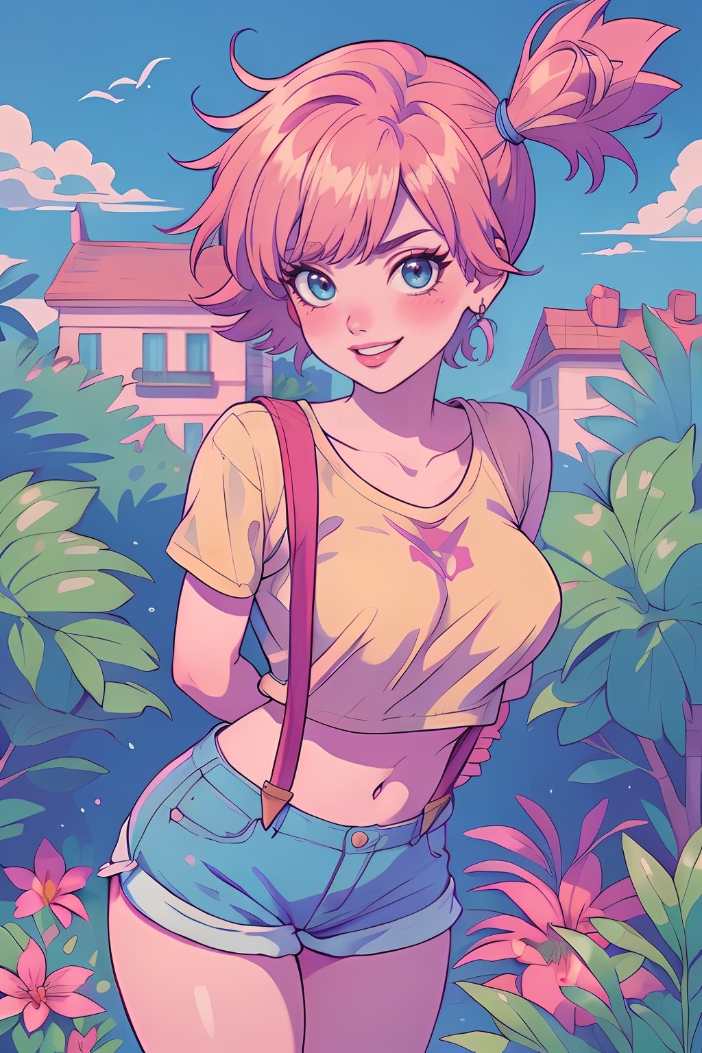 (masterpiece, best quality, ultra detailed), (detailed background, complex background:1.2), (perfect face, detailed face), full-face blush, smile, happy, parted lips, (milf, mature woman:1.4) misty_(pokemon), short hair, side ponytail, looking at viewer, smile, blush, navel, shorts, blue eyes, suspenders, shirt, crop top, midriff, short shorts, medium breasts, (outdoors, garden, thighs, arms behind back, leaning forward, ),misty_(pokemon)