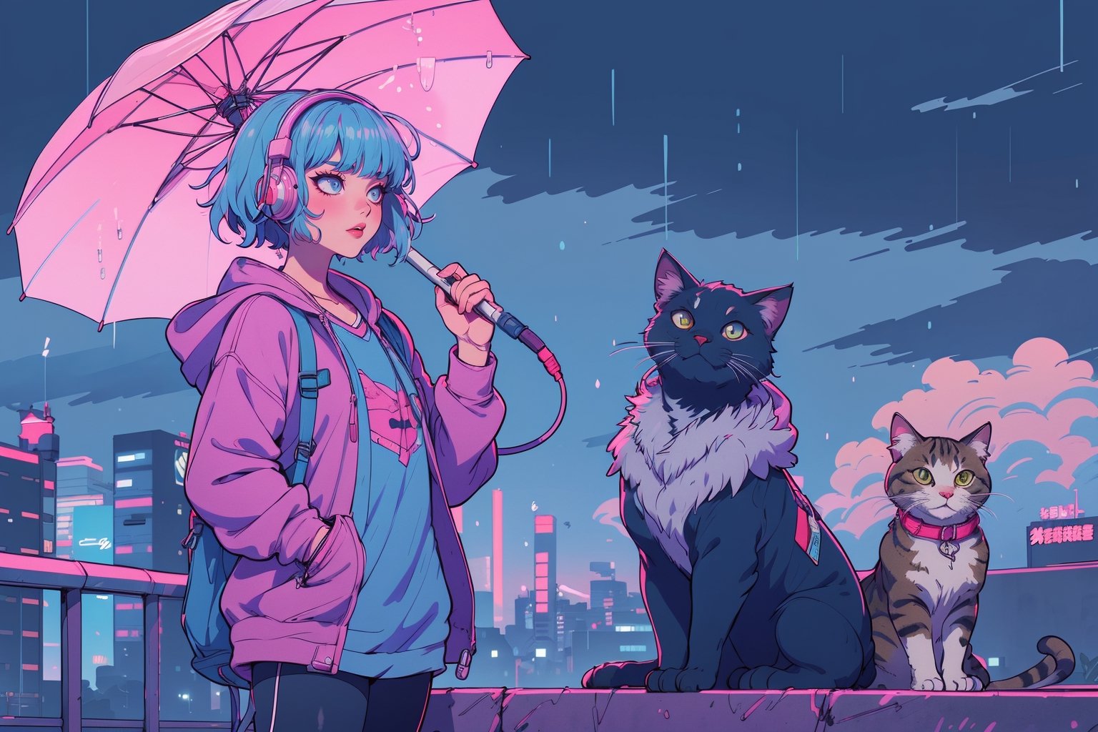 Lofi Girl and cat WAITING FOR BUS under umbrella, headphone, cloudy outside, rain, wind, beautiful chill, cyber city, atmospheric wallpaper. 4K streaming background. lo-fi, hip-hop style. Anime manga style