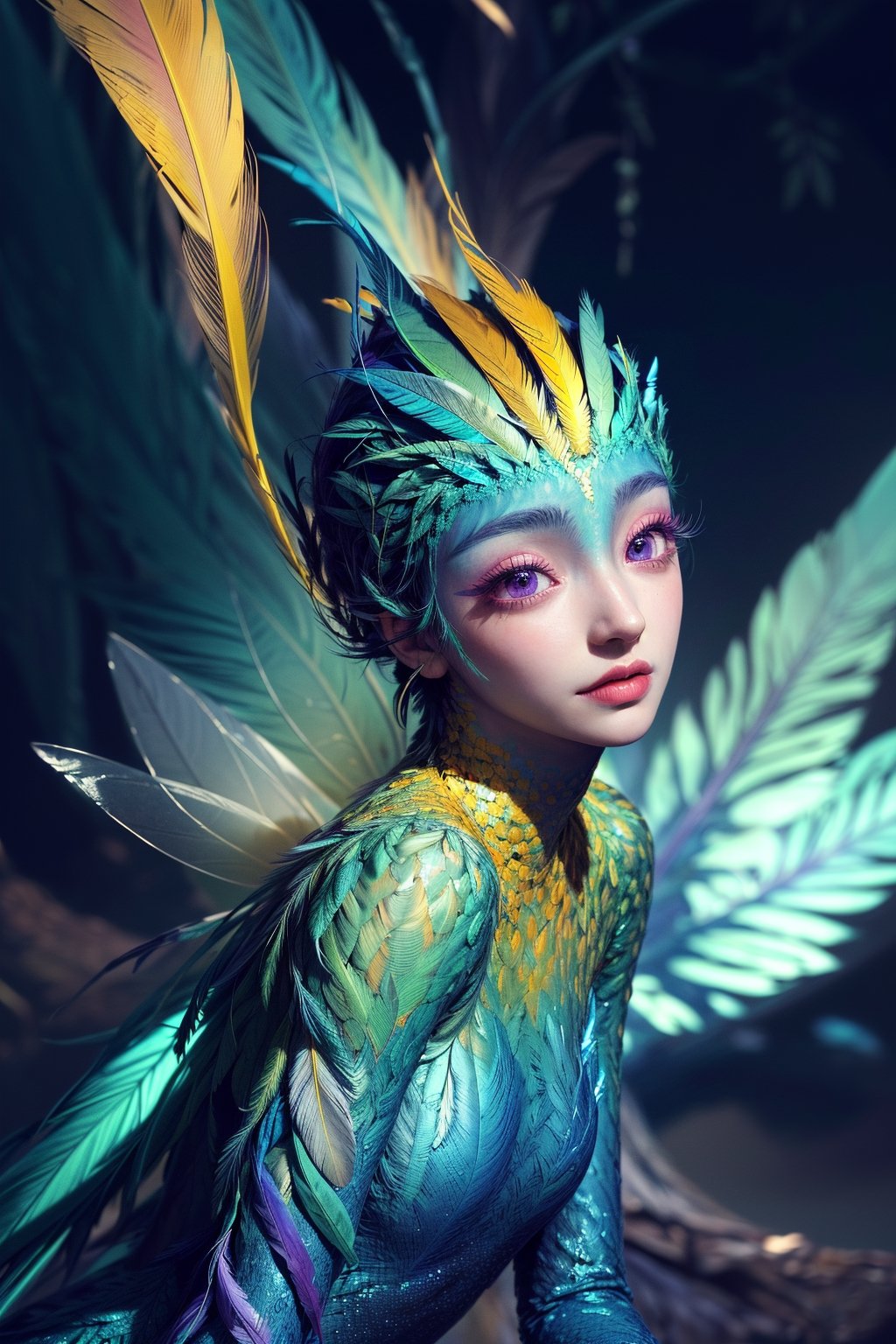 ((masterpiece, best quality, absurdres, highres, ultra detailed, high resolution,)), 1woman, solo, ((feathers, Serious ,  looking at viewer,Tooth Fairy)),purple eyes,makeup, feathers,magic forest, green and blue ,feathers, ((magic,head on)),photorealistic