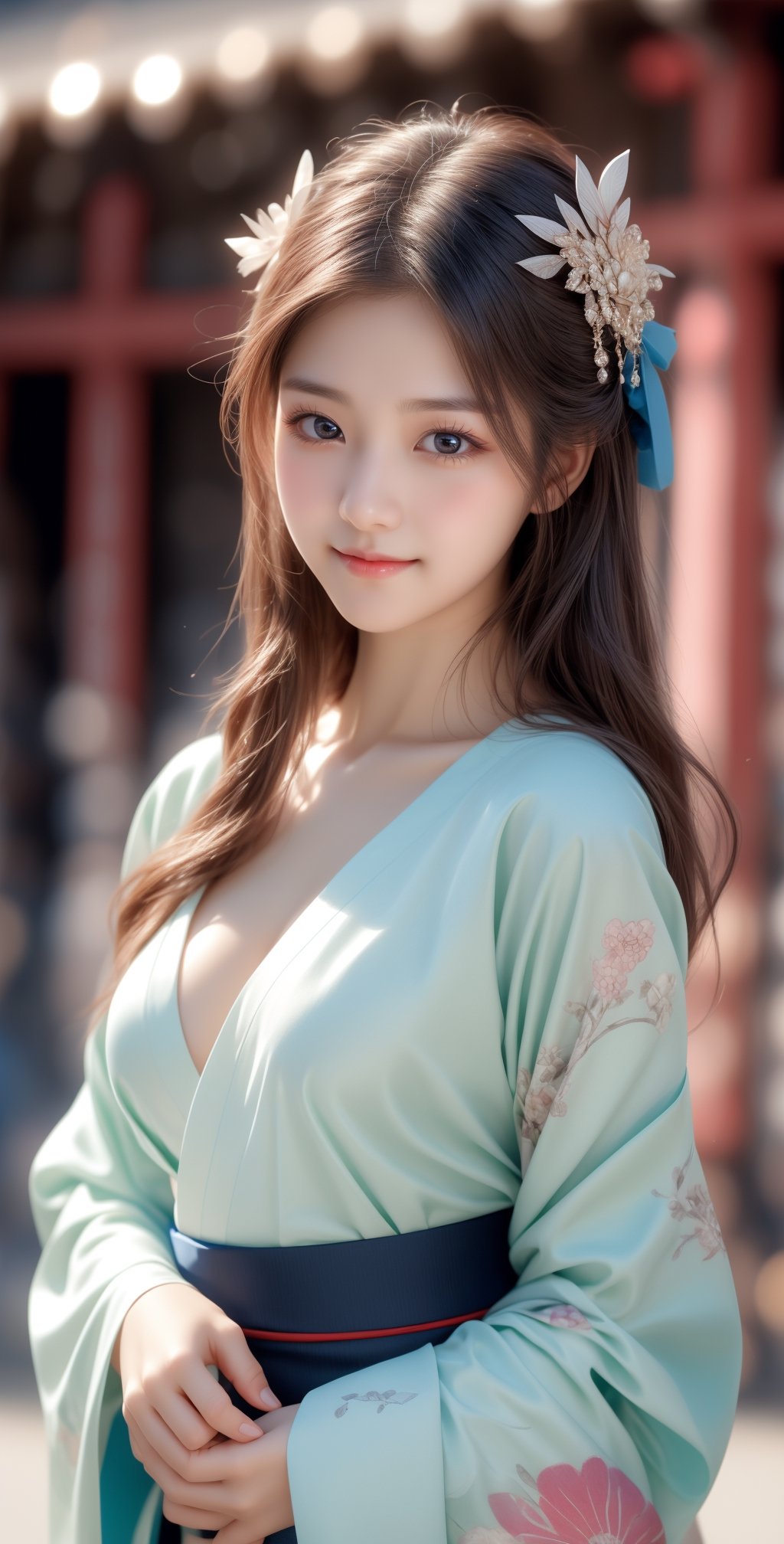 {{Beautiful and detailed eyes},
Detailed face, detailed eyes, slender face, real hands, cute Korean girlfriend 17 year old girl, perfect model body, looking at camera, sad smile, dynamic pose, furisode, kimono, shrine, hatsumode , medium breasts, cosmetics advertising model, her one girl is walking,