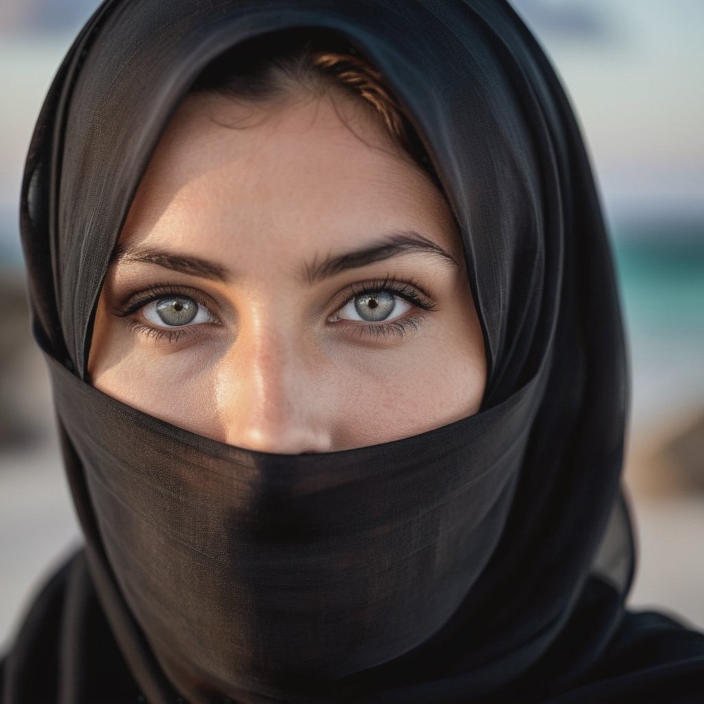 Imagine a woman argentinan covered by a transparent black big veil silk flying in the strong wind of tulum, natural grey eyes, black veil flying stronger, more breeze, covered face,

With a Canon f 5.6 lens in hyper sharp detail,  before the sunset, large pores, angry, tired eyes, many skin, soft freckles imperfections, pinterest, instagram, scars, reflections in the eyes, wrinkles in the skin, glossy lips,