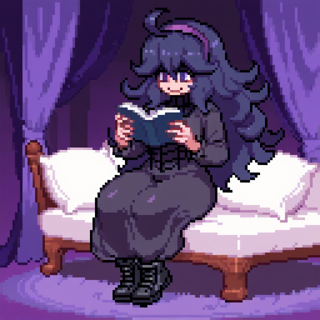 Solo_female, woman, black clothes, long hair, curly hair, bright purple eyes, black dress, covered legs, combat boots, goth style, curvy, mature, sitting and reading, bedroom, night background, sprite, hex maniac, pixel style