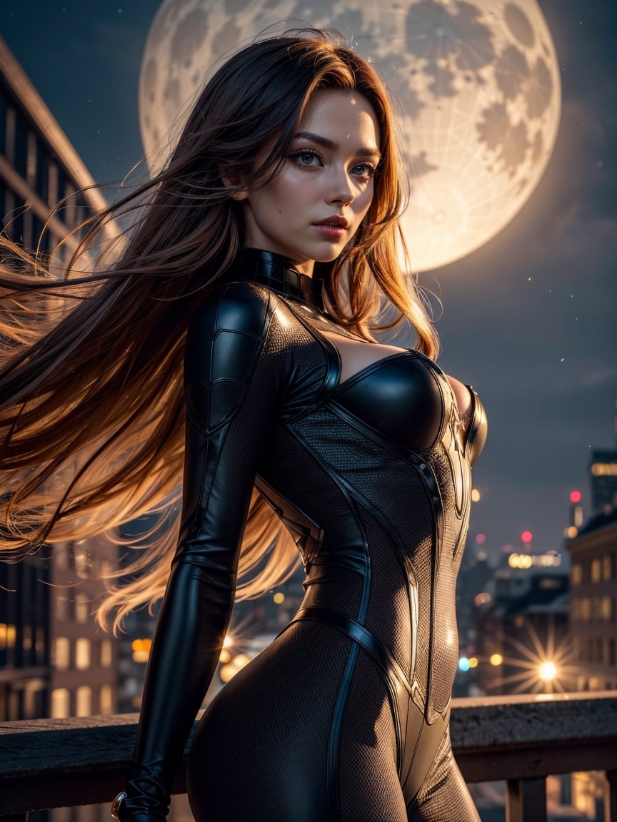 (best quality, masterpiece, colorful, dynamic angle, highest detailed) upper body photo, fashion photography of cute, intense long red hair, \Mary Jane\ in spiderman suit, (ultrahigh resolution textures), in dynamic pose, bokeh, glowing web, (intricate details, hyperdetailed:1.15), detailed, moonlight passing through hair, perfect night, colorful fantasy art background, (official art, extreme detailed, highest detailed), HDR+