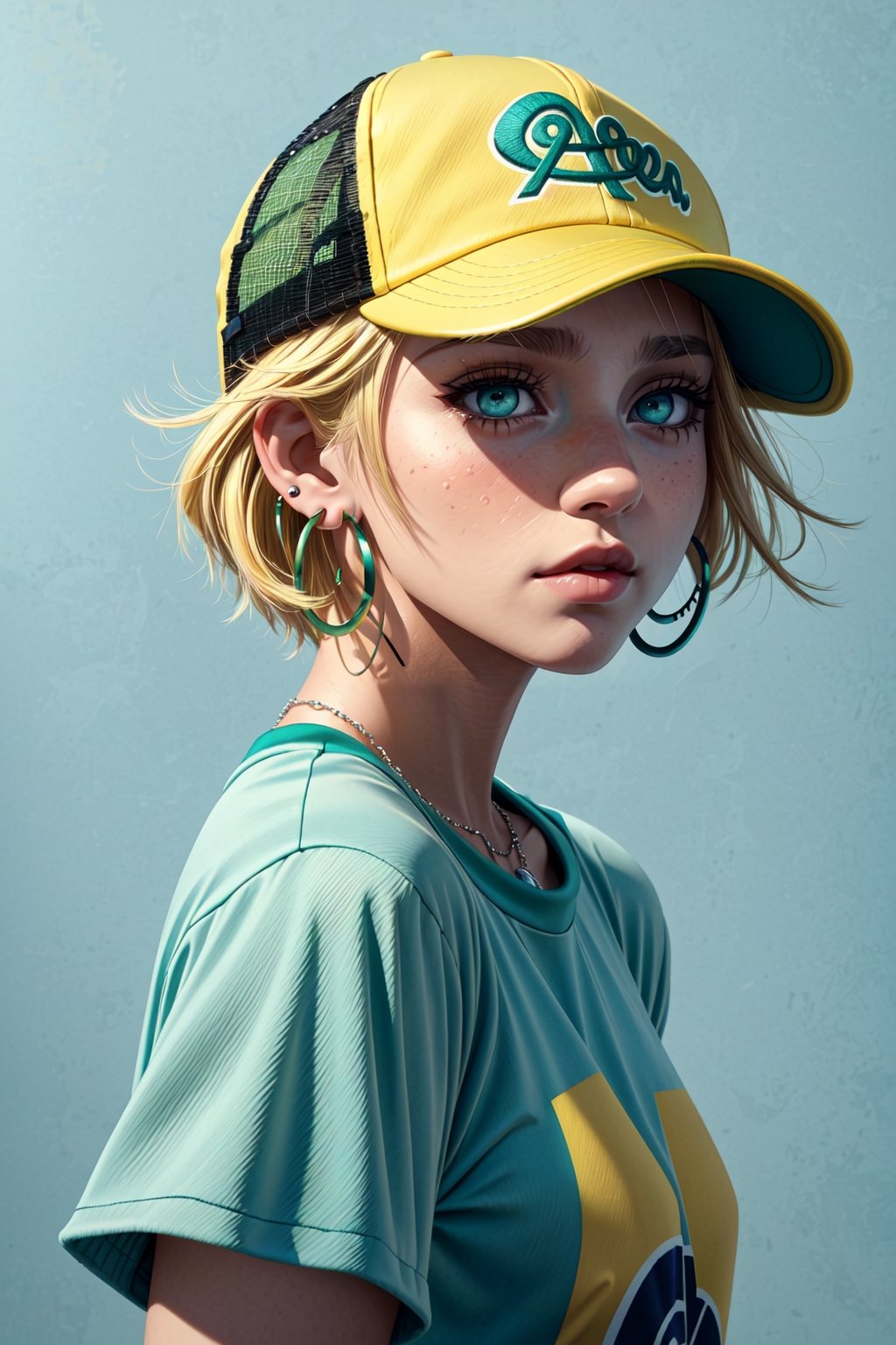 masterpiece, best quality, 1girl, aqua eyes, baseball cap, blonde hair, closed mouth, earrings, green background, hat, hoop earrings, jewelry, looking at viewer, shirt, short hair, simple background, solo, upper body, yellow shirt