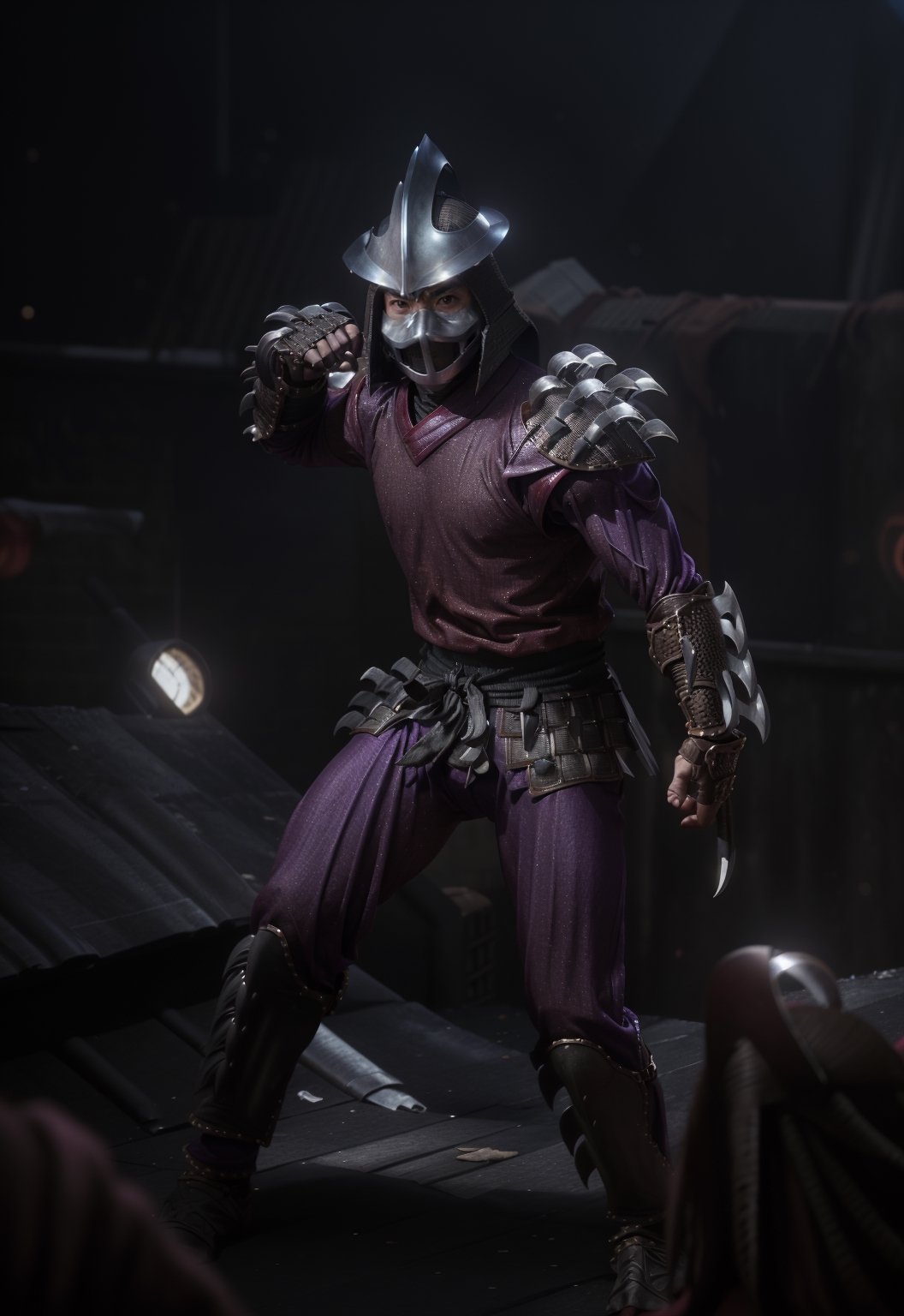 (cinematic:1.3), ((action pose, jumping towards viewer, fight action)), ((on a city rooftop at night, bokeh, realistic lighting, ray tracing, bloom:1.4)), ((masterpiece, best quality, highres, absurdres)), a high resolution RAW photo of ((a TMNTShredder 1man armored samurai knight with claw gauntlets)), , ((wearing a red-purple outfit with pauldrons and metal samurai helmet with mask)), ((muscular, fitness physique)), atmospheric, ((photorealism, photorealistic:1.4)), 8k, highly detailed, intricate detail
