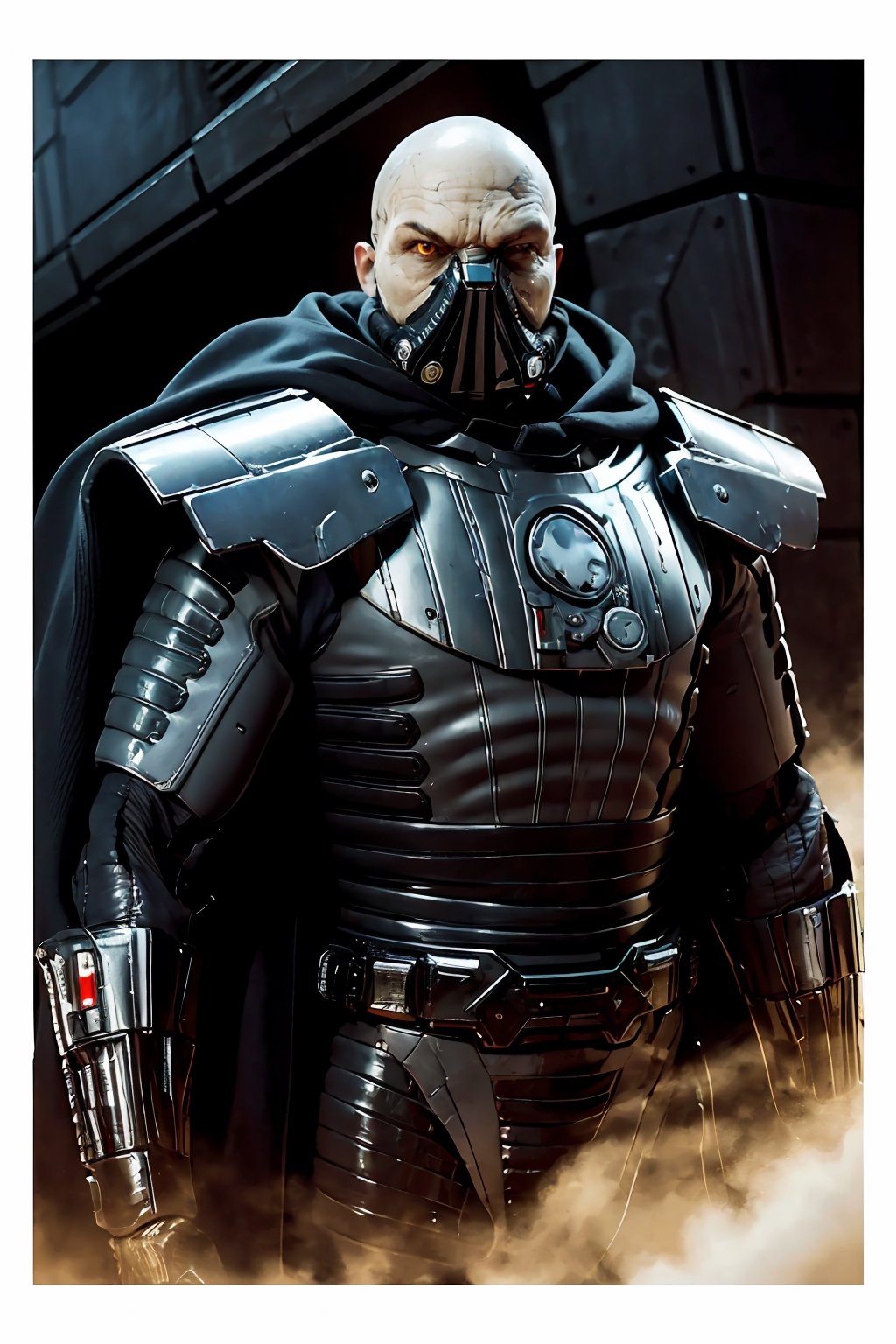 (best quality, masterpiece, beautiful and aesthetic:1.2, colorful, dynamic angle) 1boy, darth malgus, angry, yellow eyes, respirator mask, carbon fibre armor, cape, upper body, (high contrast, official art, extreme detailed, highest detailed) ,darth malgus