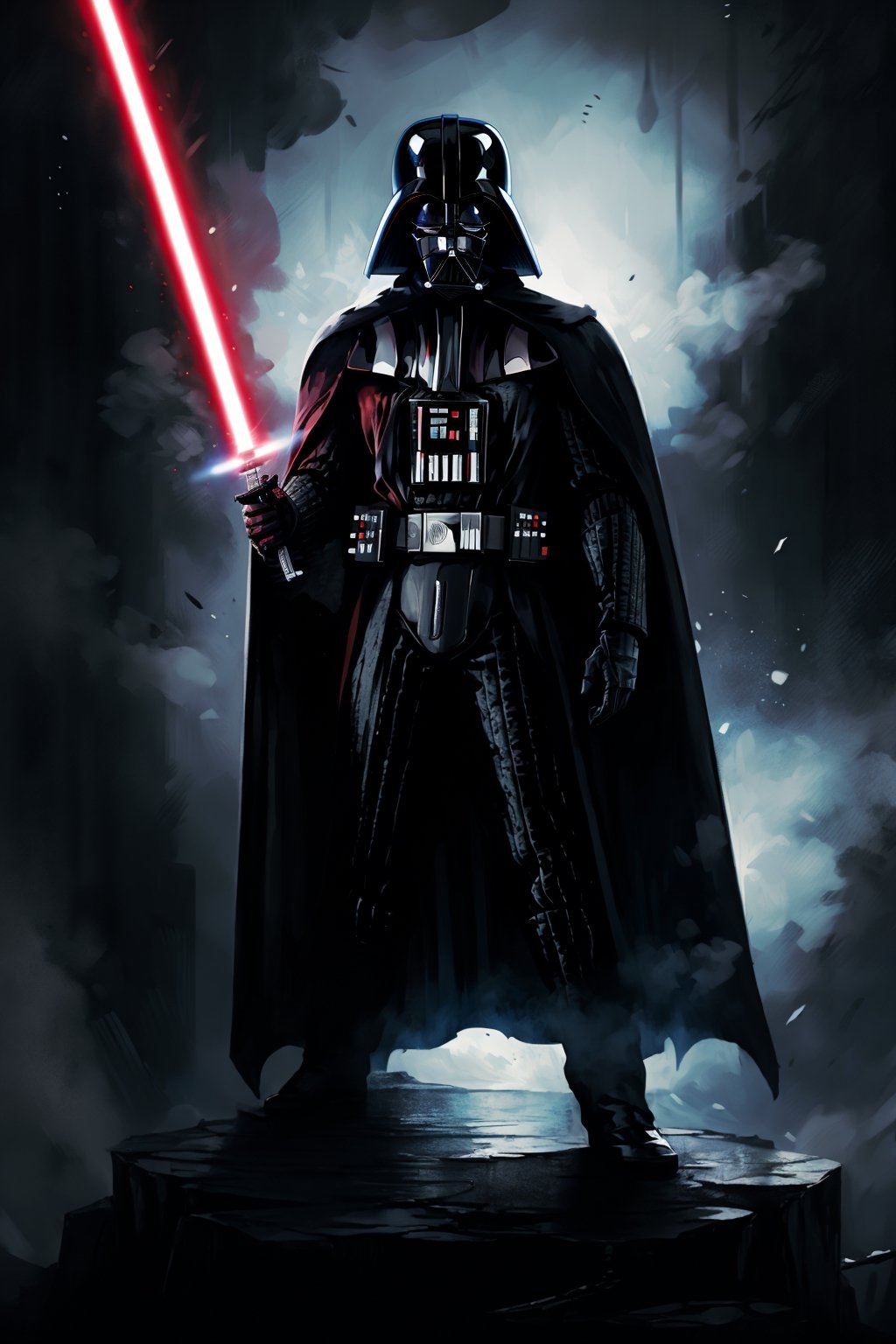 masterpiece, best quality, 1boy, death vader, full body, holding lightsaber, weapon, energy sword, gloves, cape, fighting, a111, ,a111