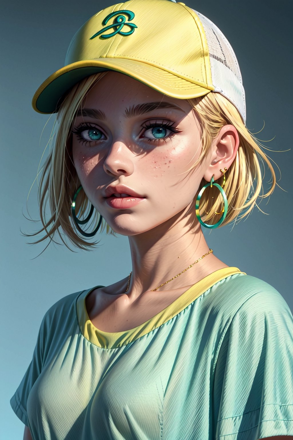 masterpiece, best quality, 1girl, aqua eyes, baseball cap, blonde hair, closed mouth, earrings, green background, hat, hoop earrings, jewelry, looking at viewer, shirt, short hair, simple background, solo, upper body, yellow shirt