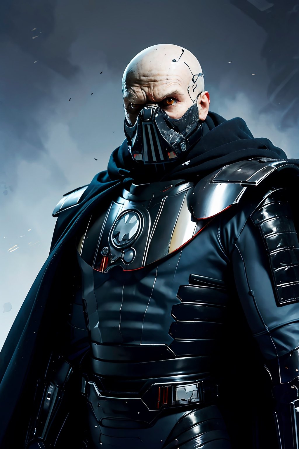 (best quality, masterpiece, beautiful and aesthetic:1.2, colorful, dynamic angle) 1boy, darth malgus, angry, yellow eyes, respirator mask, carbon fibre armor, cape, upper body, (high contrast, official art, extreme detailed, highest detailed) ,darth malgus