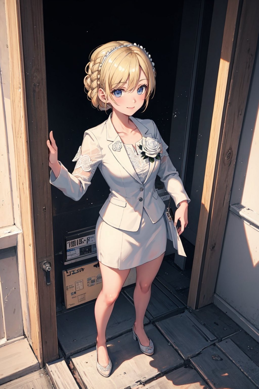 ((Masterpiece, best quality,edgQuality)),solo,1girl,smiling,excited,edgCosette,braid, looking at viewer, blush, smile, blonde hair, full body, edgAce,pilot suit,gloves,wearing edgAce ,FLOWER