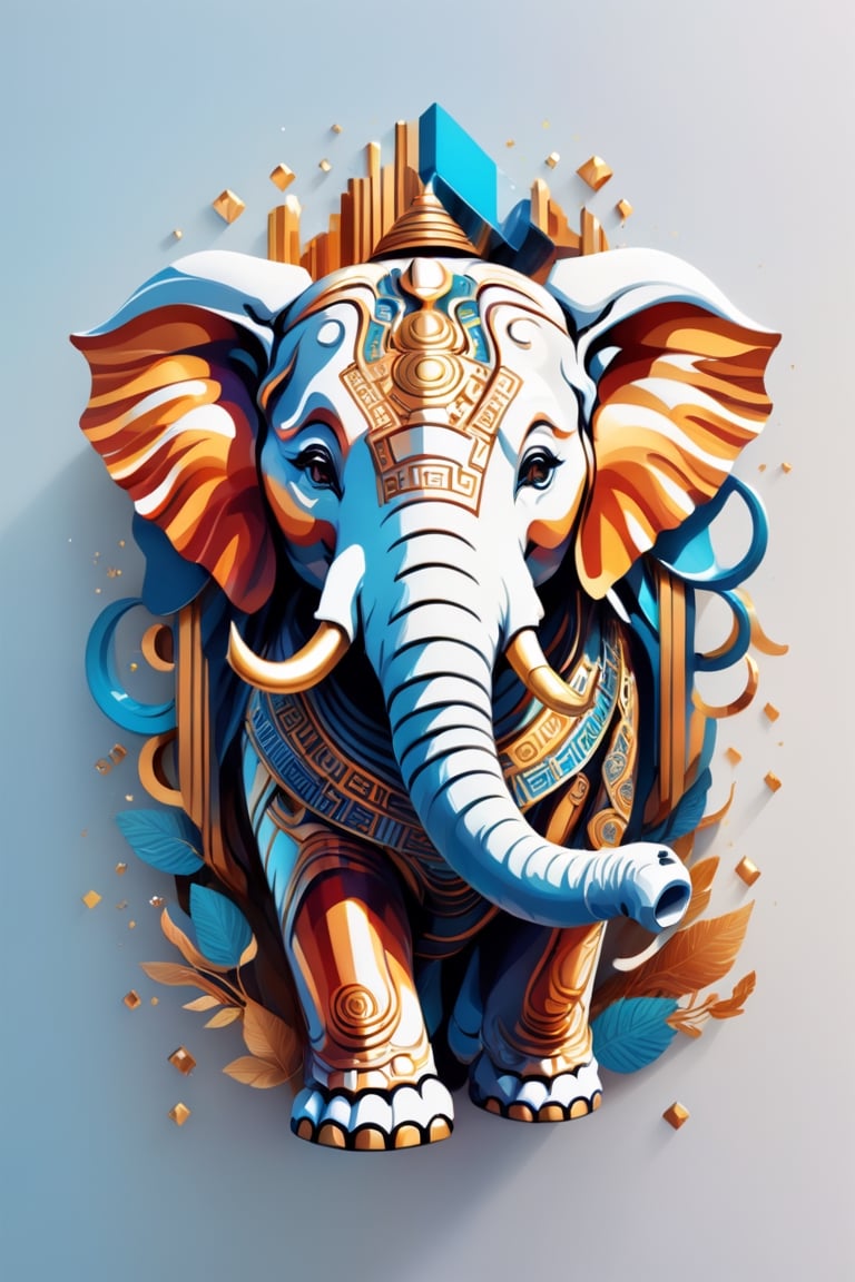 Produce a mascot in the form of a mythical elephant, with a body composed of polished chrome and circuits, decorated with a maze of holographic creativity. Bright background, plain design, Chinese ink drawing, t-shirt design, pro vector,HellAI,aesthetic portrait