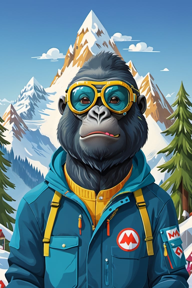 Ilustration,carton gorilla head, with ski goggles in which mountains are reflected,wearing a mountain jacket, withoud gorilla eye,Mario Real - SDXL 1.0,more detail XL,3d style,Leonardo Style