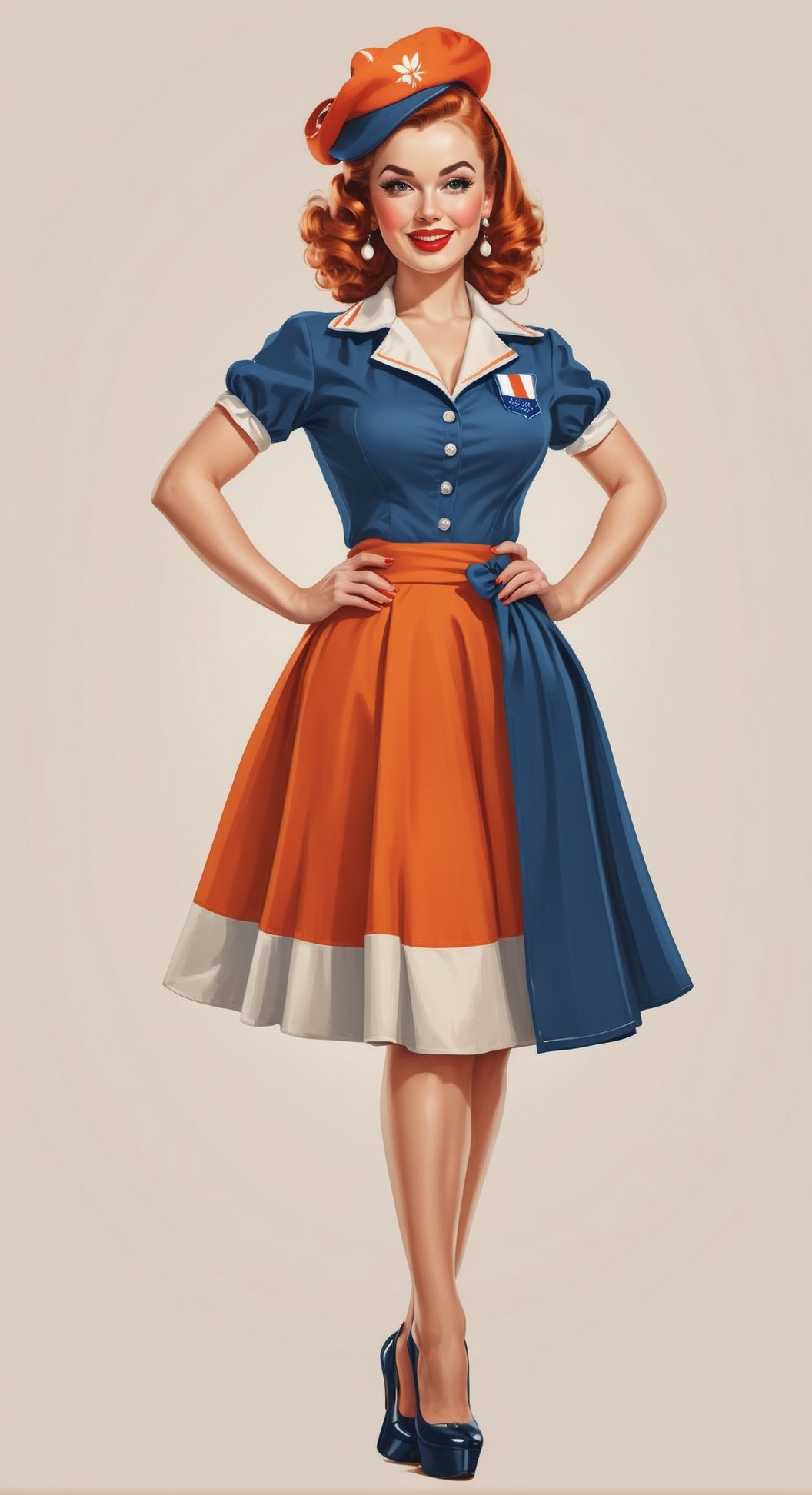 1 woman, wearing netherlands clothes, illustration, pin up style, simple background, full body