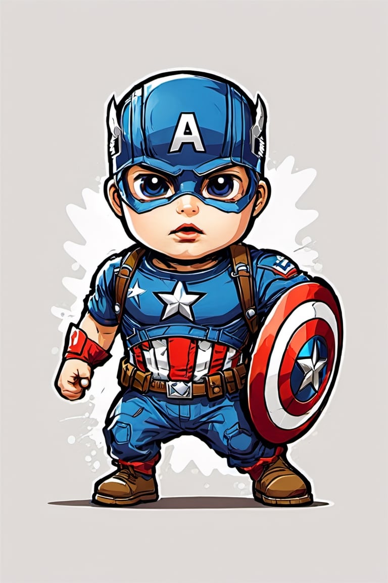 design t-shirt graphic, cute cartoon captain america, full white, kids style, white background, Sketch style, playful style, bones, out of the box