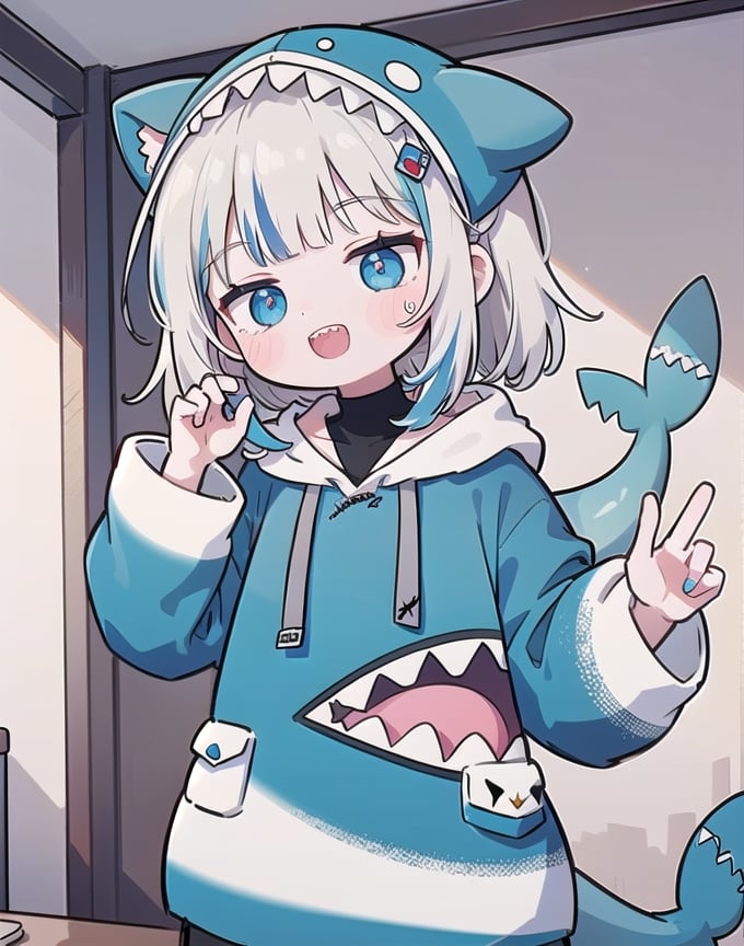 (best quality, 4k, 8k, highres, masterpiece:1.2), ultra-detailed, shading, glowy,highres,4k,extremely delicate and beautiful art,pastel color, 1girl, epic background, 1girl, solo, smile, sharp teeth, shark tail, shark hair ornament, blue hoodie, shark hood, blue eyes, windy, best lighting, upper_body, ((rawr hand)), cowboy shot, indoors, ASU1,gawr gura,ASU1