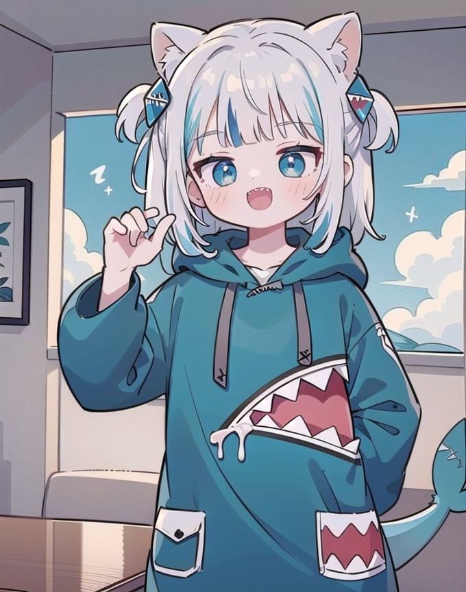 (best quality, 4k, 8k, highres, masterpiece:1.2), ultra-detailed, shading, glowy,highres,4k,extremely delicate and beautiful art,pastel color, 1girl, epic background, 1girl, solo, smile, , sharp teeth, shark tail, shark hair ornament, blue hoodie, shark hood, blue eyes, windy, best lighting, upper_body, (((rawr hand))), cowboy shot, indoors, ASU1,gawr gura,ASU1