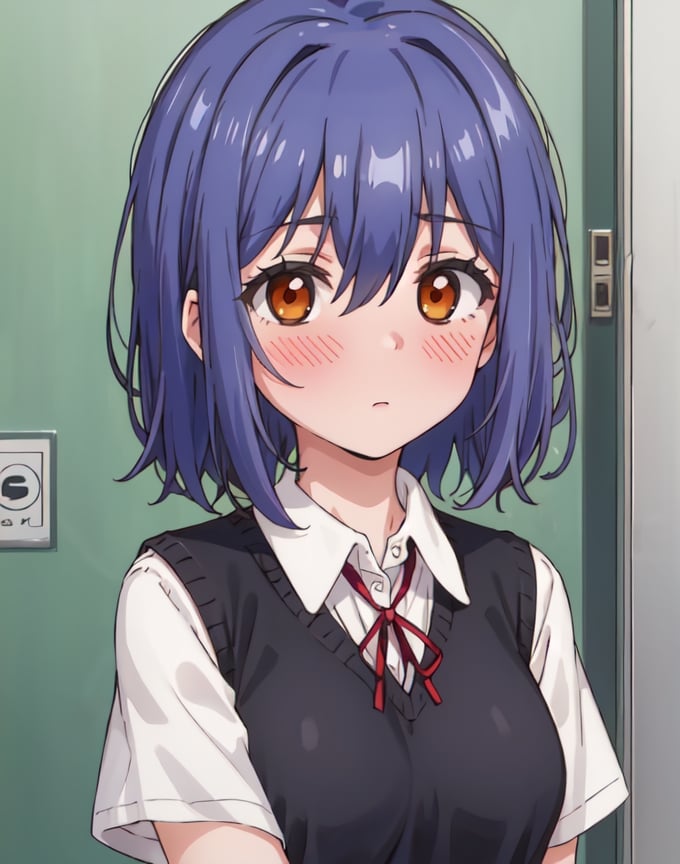 best quality, high resolution, masterpiece, 1girl, upper_body, Suzudef, blue hair, brown eyes, short hairneck ribbon, upper body, looking at viewer, school uniform, red ribbon, blush, short sleeves, collared shirt, medium breasts, bangs, sweater vest, hair between eyes, black sweater