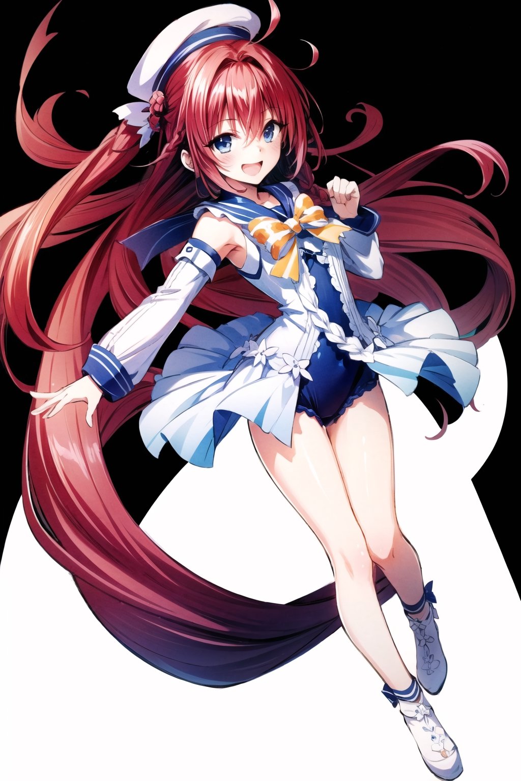 1girl, kurosaki meia, solo, long hair, 😘,one-piece swimsuit,detached sleeves,sailor collar,sailor hat,blue eyes, braid, very long hair, open mouth, red hair, smile, hair ornament, white background, simple background, ahoge, full body, :d, single braid, looking at viewer