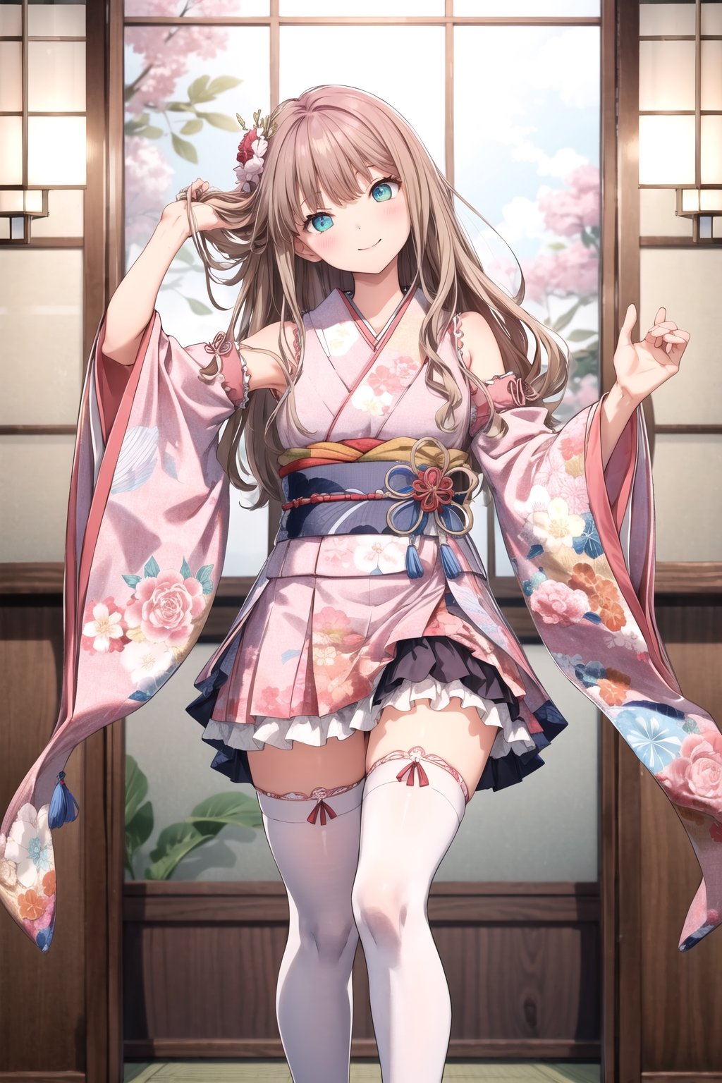 masterpiece,best quality,highres,ultra-detailed,cowboy shot,head tilt,bbyume,long hair,blush

 indoor,smile,(Bending over with hands touching toes),(hand in own hair:1.2),BREAK,peony hair, frills, japanese clothes, hair flower,wide sleeves, kimono, white thighhighs, zettai ryouiki, floral print, skirt,detached sleeves,