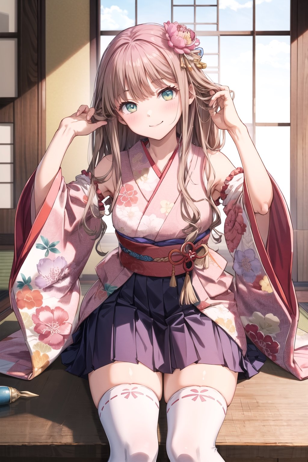 masterpiece,best quality,highres,ultra-detailed,cowboy shot,head tilt,bbyume,long hair,blush

 indoor,smile,(Bending over with hands touching toes),(hand in own hair:1.2),BREAK,peony hair, frills, japanese clothes, hair flower,wide sleeves, kimono, white thighhighs, zettai ryouiki, floral print, skirt,detached sleeves,