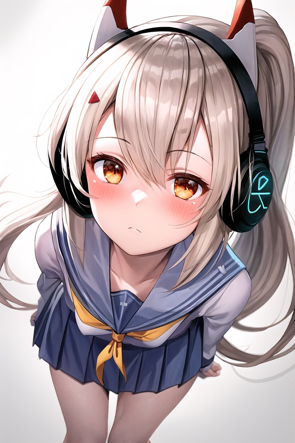 (masterpiece,best quality:1.3),ultra detailed,  8k unity wallpapers,CG,dutch angle, ray tracing,  illustration,colorful, cinematic shadow,  extremely detailed and beautiful background,  shadering VRay, RT,  looking at viewer,  ultra detailed,  scenic,  atmospheric,

orange eyes,blush,

 1girl ponytail headgear headphones  serafuku, school uniform, pleated skirt,1girl ponytail headgear headphones,masterpiece