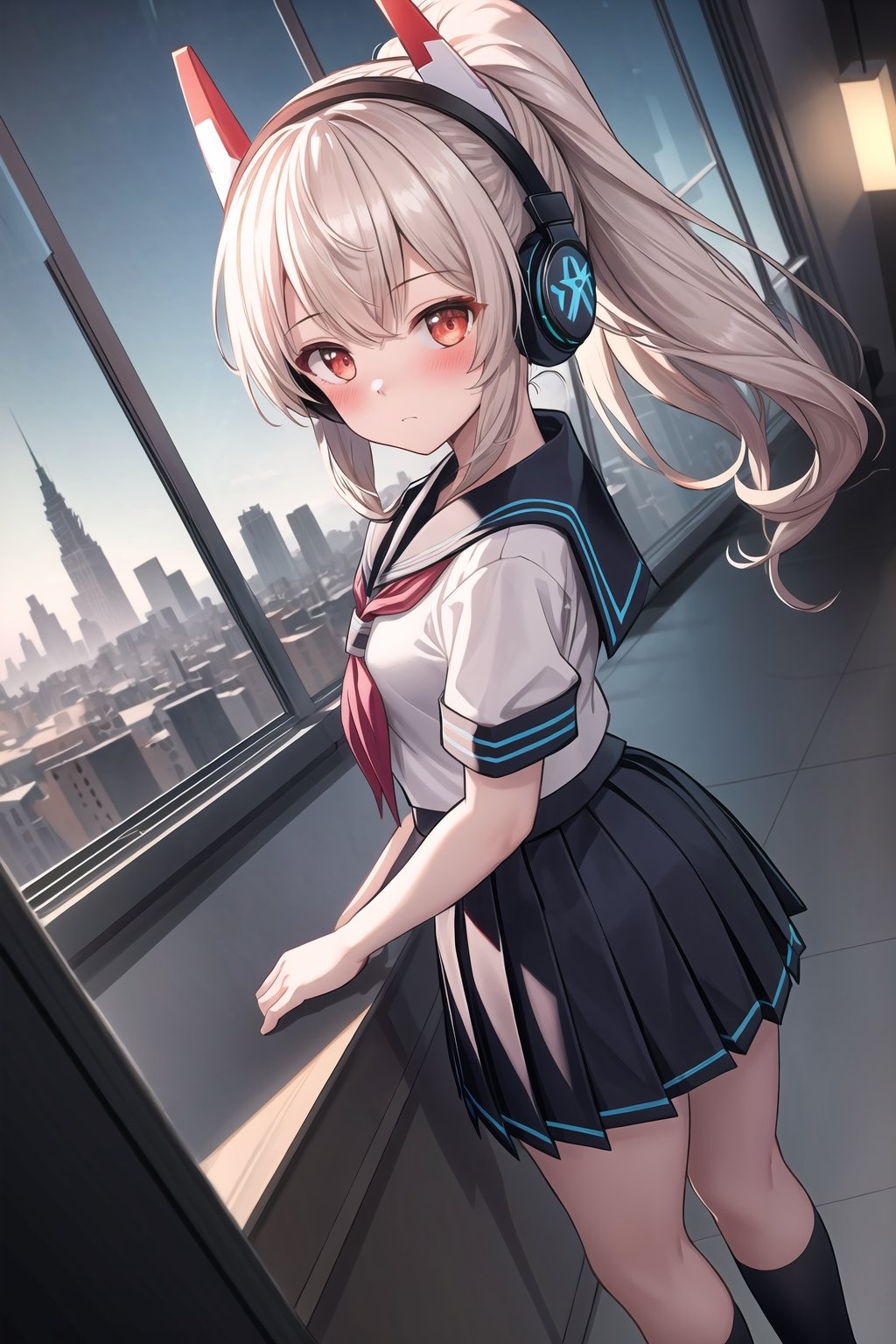 (masterpiece,best quality:1.3),ultra detailed,  8k unity wallpapers,CG,dutch angle, ray tracing,  illustration,colorful, cinematic shadow,  extremely detailed and beautiful background,  shadering VRay, RT,  looking at viewer,  ultra detailed,  scenic,  atmospheric,

 blush,

 1girl ponytail headgear headphones  serafuku, school uniform, pleated skirt,1girl ponytail headgear headphones,masterpiece