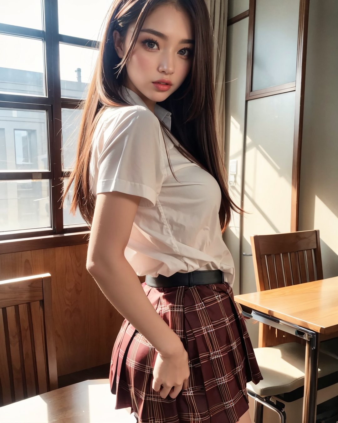 Masterpiece,  best quality,  official art,  best of realistic photography,  (1girl,  looking at viewer),  clearly brown eyes,  ombre lips,  soft make up,  naughty highschool girl,  wearing tight school uniform,  seducing viewer,  finger detailed,  bar,  detailed background,  morning sunshine,  dynamic lighting, 2,