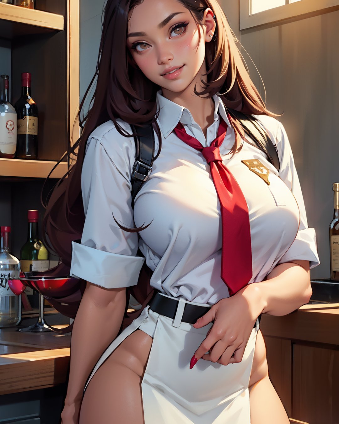  A sultry high school girl, her brown eyes piercing the camera as she gazes directly at the viewer. Her ombre lips curve into a sly smile, inviting scrutiny. Soft makeup accentuates her features without overpowering her natural beauty. She wears a tight school uniform, its fabric clinging to her curves as she teases with a subtle pose. A detailed bar in the background adds depth, while morning sunshine casts dynamic lighting that highlights her tantalizing presence.