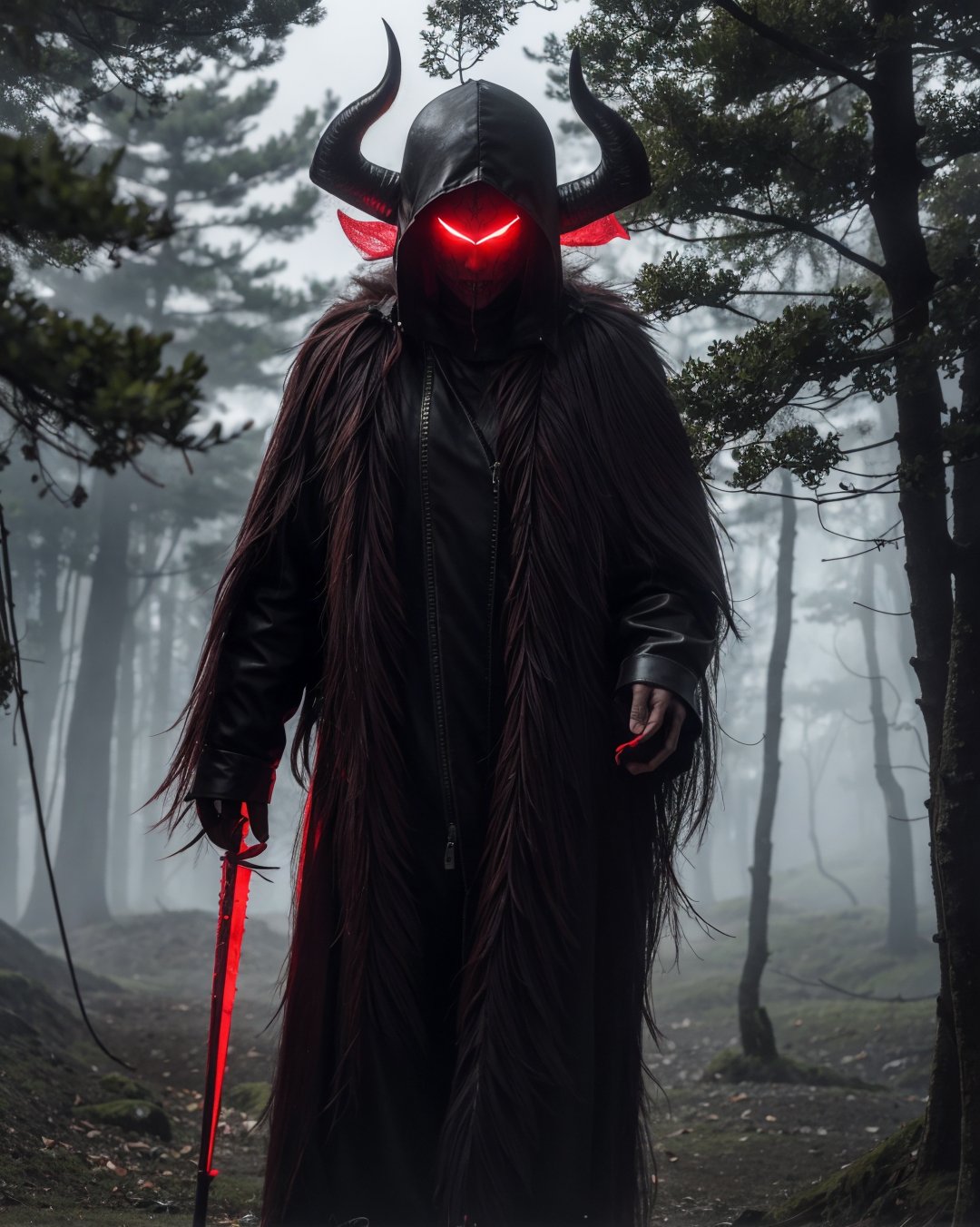 A dark demonic figure with red eyes emerges from a misty fog-shrouded forest at dusk. The camera frames it in a tight shot, with the creature's twisted horns and pointed ears filling the frame. Red-rimmed eyes glow like embers as it gazes directly into the lens. Dark, gnarled branches weave together above, casting long shadows on the misty ground.