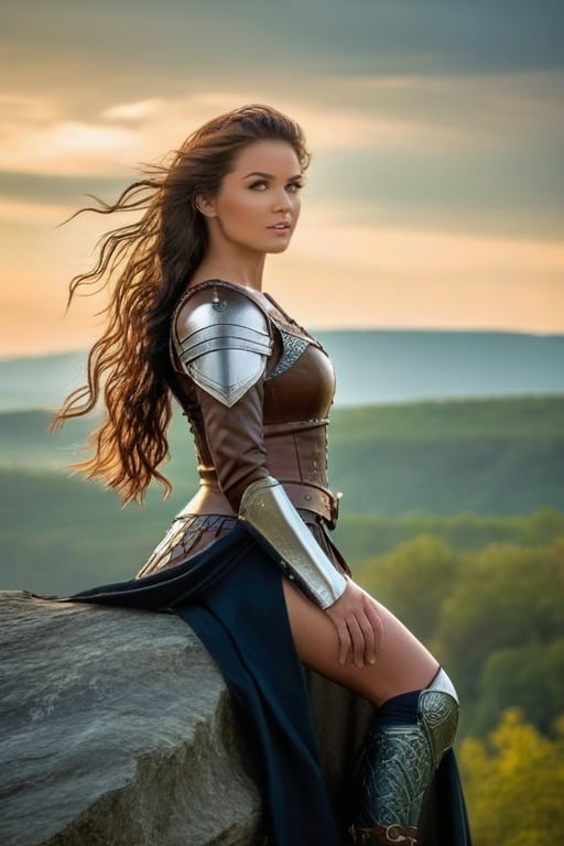 A Viking princess stands heroically on a rugged rock outcropping, her polished armor and flowing skirts aglow in warm golden light of sunset. Gentle hills and misty valleys unfurl behind her like a tapestry. Her piercing amber eyes, strong legs, and intricately designed leather straps exude regal power against the soft, serene landscape. Long, curly brown hair cascades down her back, framing her majestic pose as she surveys her domain.,20 years old, (((photorealistic:1.4))), nikon d5, 85mm, 