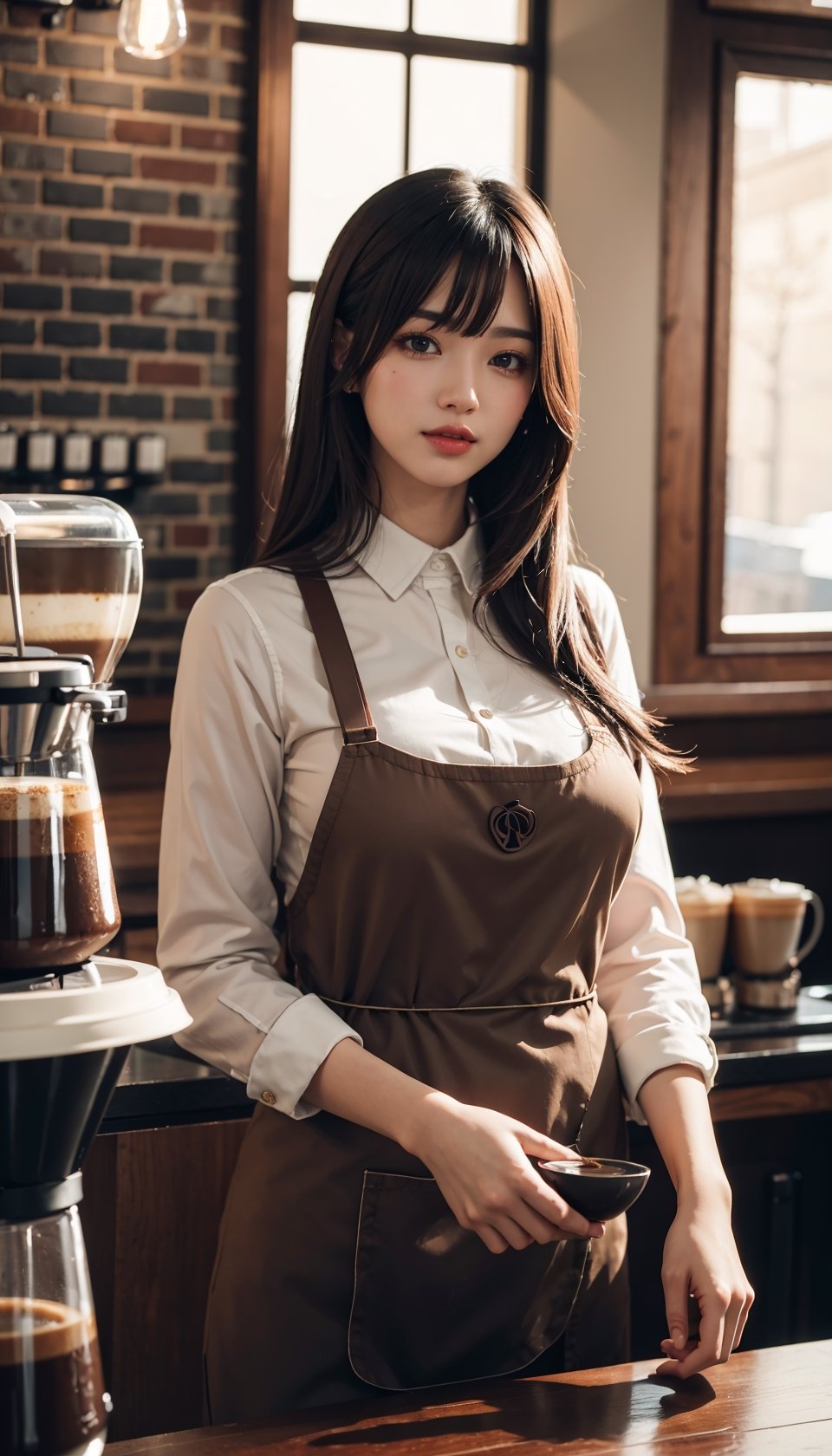 (masterpiece, top quality, best quality, official art, beautiful and aesthetic:1.2), hdr, high contrast, wideshot, 1girl, long black straight hair with bangs, clearly brown eyes, longfade eyebrow, soft make up, ombre lips, large breast, hourglass body, finger detailed, BREAK wearing barista suit, (coffee shop theme:1.5), light smile, coffee shop background detailed, by KZY, BREAK frosty, ambient lighting, extreme detailed, cinematic shot, realistic ilustration, (soothing tones:1.3), (hyperdetailed:1.2)