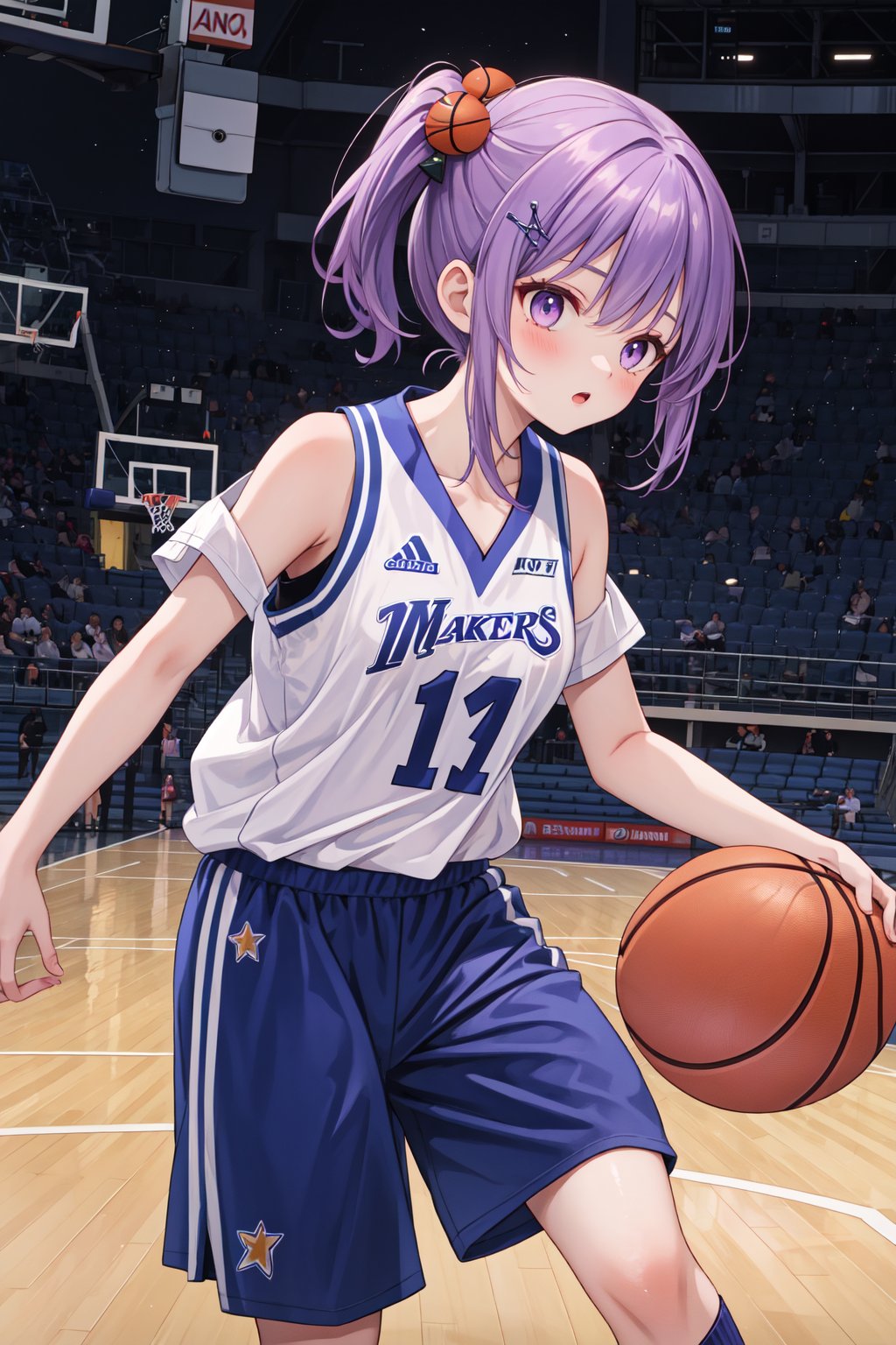 Masterpiece, highest quality, high brightness, 1 girl, purple hair, hair ornament, sportswear, baseketball, basketball match