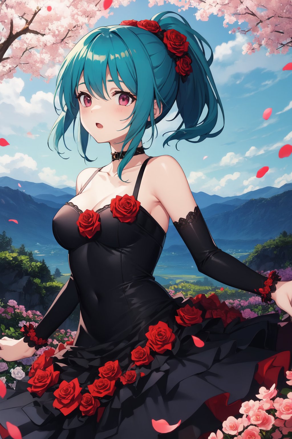 1girl, ponytail ,cyan hair, red eyes, (dress:1.3), medium breasts, collarbone, flowers and petals, (illustration:1.1), (perfect details:1.1), landscape, background, rose, abstract,