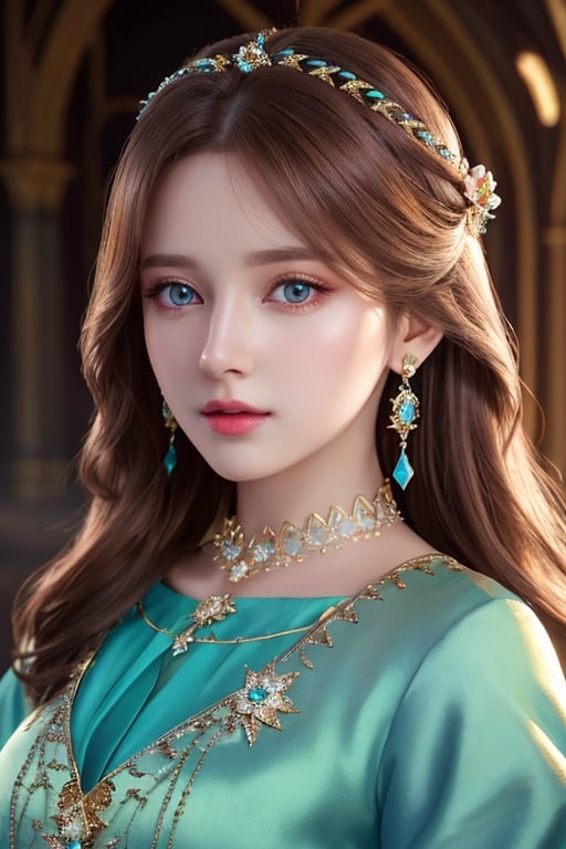 Photorealistic image of an amazingly beautiful girl wearing an elegant outfit, wearing glowing jewels, long light brown hair, cerulean eyes, hyperdetailed beautiful face, 8k UHD, sharp focus on eyes, cinematic, enchanted vibes, hyper realistic photography,photo r3al,Realism,Masterpiece