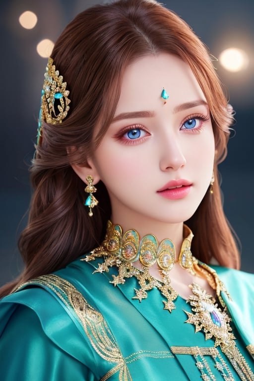 Photorealistic image of an amazingly beautiful girl wearing an elegant outfit, wearing glowing jewels, long light brown hair, cerulean eyes, hyperdetailed beautiful face, 8k UHD, sharp focus on eyes, cinematic, enchanted vibes, hyper realistic photography,photo r3al,Realism,Masterpiece