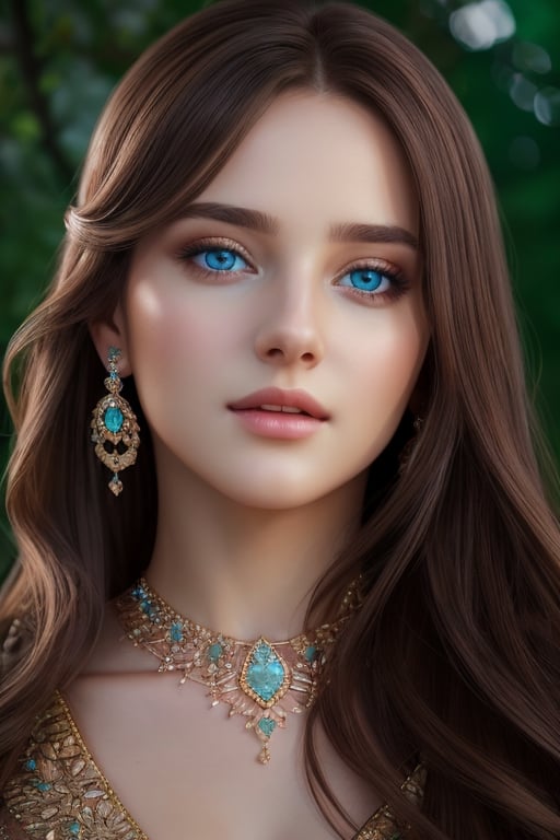 Photorealistic image of an amazingly beautiful girl wearing an elegant outfit, wearing glowing jewels, long light brown hair, cerulean eyes, hyperdetailed beautiful face, 8k UHD, sharp focus on eyes, cinematic, enchanted vibes, hyper realistic photography,photo r3al,Realism,Masterpiece