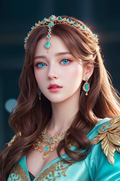 Photorealistic image of an amazingly beautiful girl wearing an elegant outfit, wearing glowing jewels, long light brown hair, cerulean eyes, hyperdetailed beautiful face, 8k UHD, sharp focus on eyes, cinematic, enchanted vibes, hyper realistic photography,photo r3al,Realism,Masterpiece