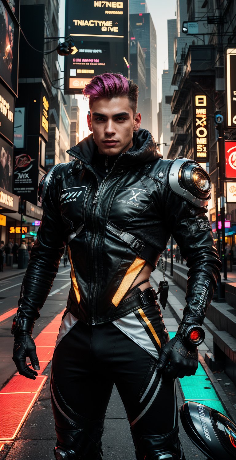 Create an image of a handsome cyberpunk man in a futuristic gaming room. The man has sharp, striking features with a strong jawline, high cheekbones, and intense eyes that glow with cybernetic enhancements. His hair is stylishly cut, perhaps with an edgy, asymmetrical design, and colored in vibrant hues like electric blue, neon green, or metallic silver.

He wears sleek, high-tech clothing that combines functionality with fashion. His outfit includes a fitted black jacket with red neon glow, and gloves with built-in interfaces. His attire is a mix of leather and advanced synthetic materials, adorned with neon accents and digital patterns. Visible tattoos with cybernetic motifs add to his edgy appearance.

The futuristic gaming room behind him is a high-tech paradise. The walls are lined with large, curved holographic screens displaying dynamic, immersive game environments and real-time data. There are advanced gaming consoles and sleek, ergonomic chairs designed for maximum comfort during extended gaming sessions.

The room is bathed in the soft glow of neon lights, with colors shifting between vibrant blues, purples, and pinks, creating a dynamic and energetic atmosphere. Holographic interfaces float in the air, projecting game stats, maps, and virtual controls. High-tech gadgets and gaming peripherals are scattered around, showcasing the latest in futuristic technology.

In the background, you can see a panoramic view of a neon-lit cityscape through a large window, with towering skyscrapers, flying vehicles, and holographic advertisements adding to the cyberpunk aesthetic. The overall atmosphere is one of cutting-edge technology and immersive gaming, capturing the essence of a futuristic cyberpunk world.

