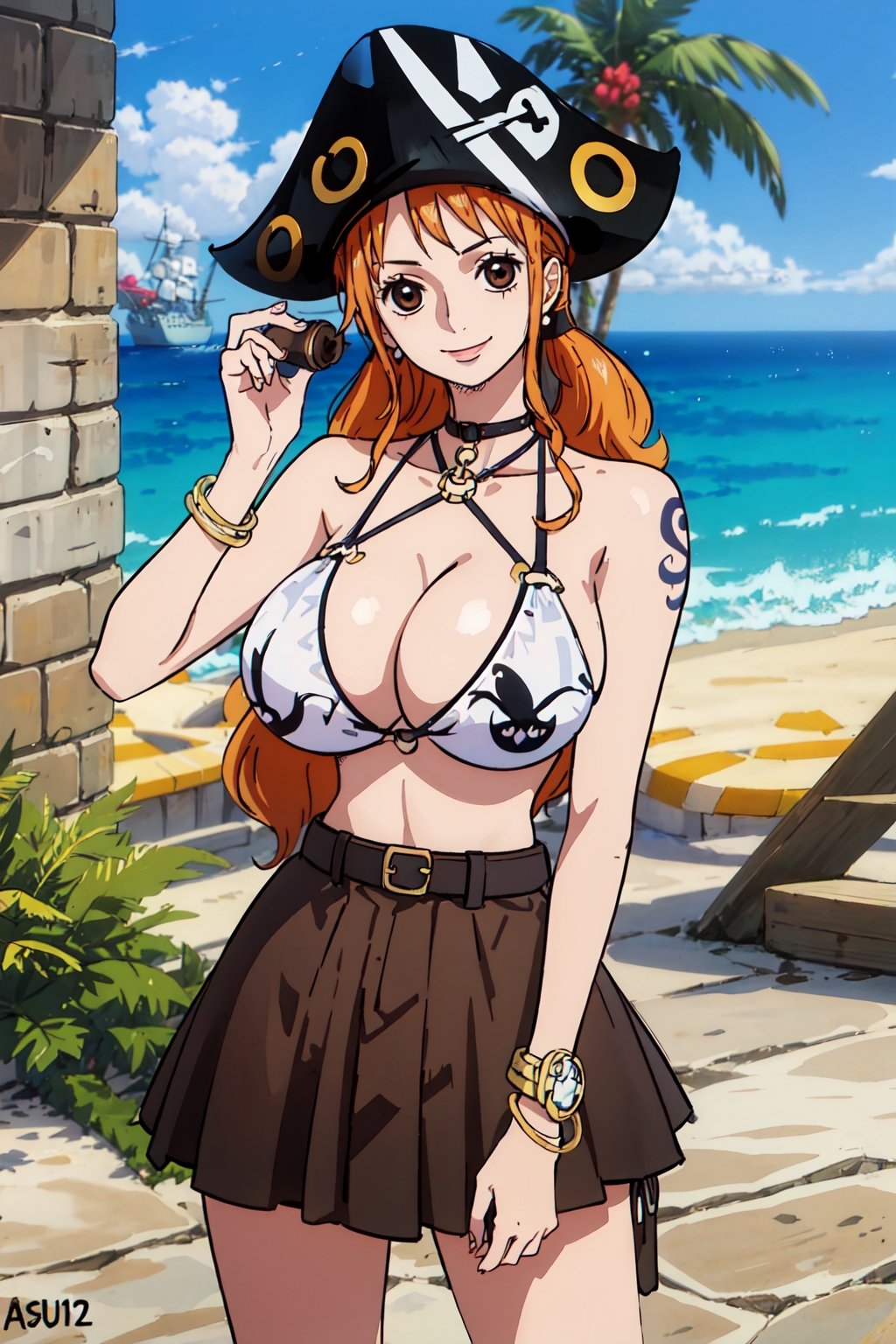 masterpiece, best quality, (detailed eyes, detailed background), absurdres, highres, ultra detailed, masterpiece, best quality, brown eyes,  palm tree, vegetaion, beach, seaside, pirate ship, smile, side-tie_bikini,huge breasts, cute