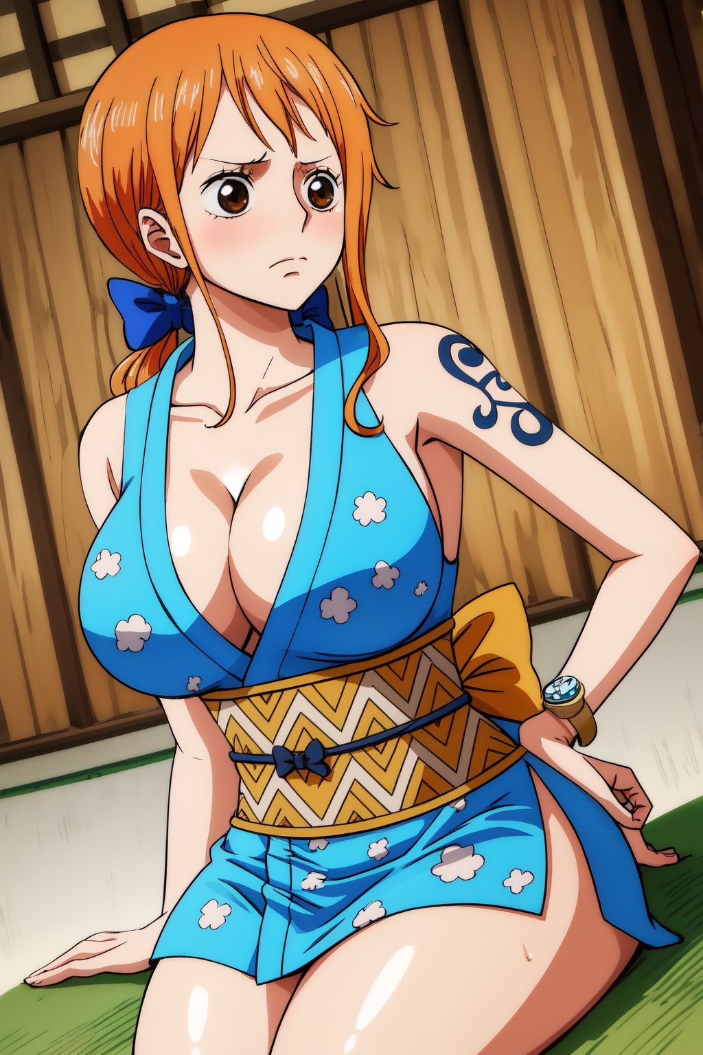 masterpiece, best quality, highres, nami (one piece), long hair, orange hair, low ponytail, hair bow, blue bow, brown eyes, collarbone, cleavage, short kimono, blue kimono, sleeveless, bare arms, bracelet, sash, obi, , crossed arms, frown,nami (one piece),gigantic_breasts,sitting,anime face,