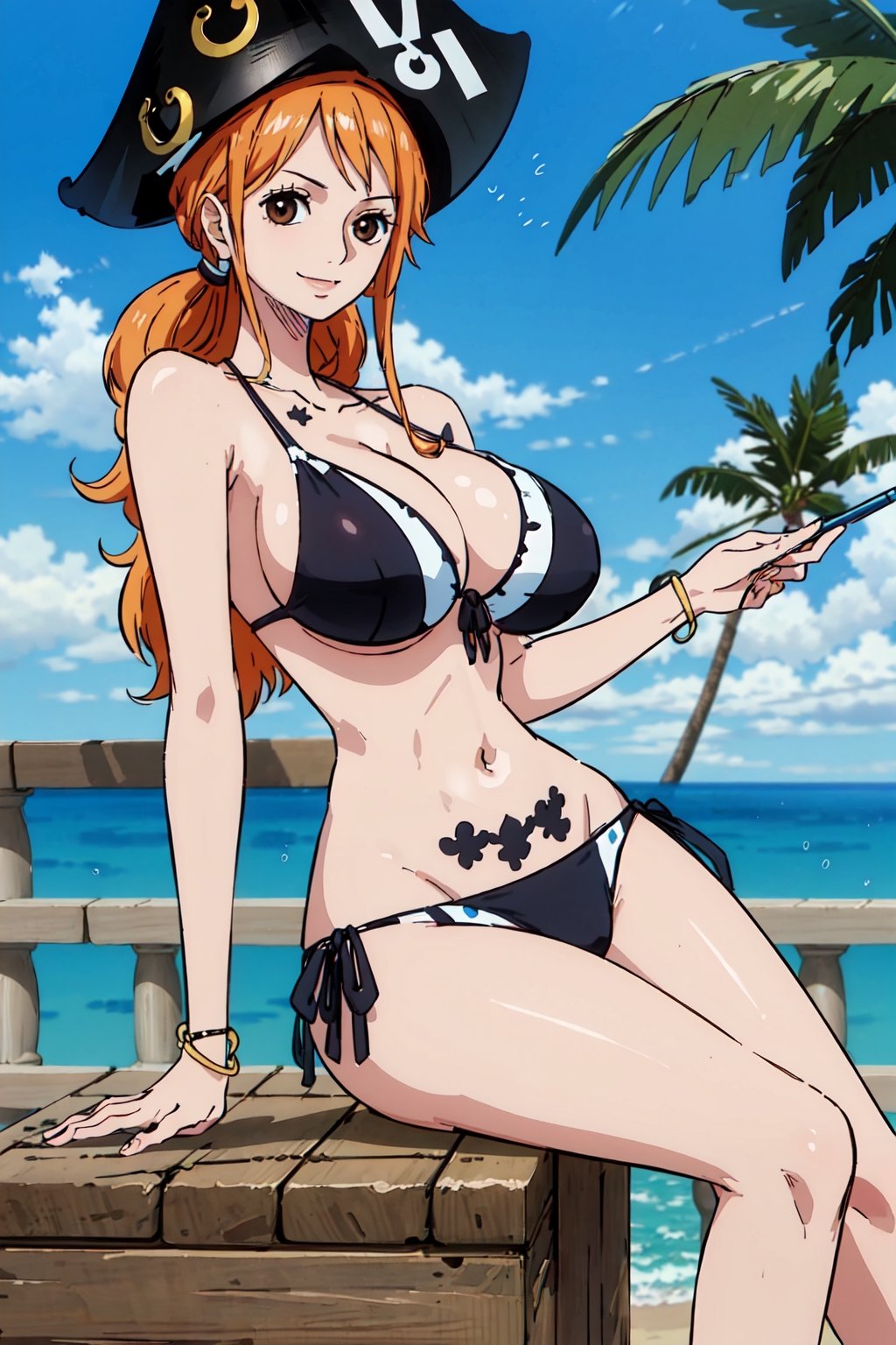 masterpiece, best quality, (detailed eyes, detailed background), absurdres, highres, ultra detailed, masterpiece, best quality, brown eyes,  palm tree, vegetaion, beach, seaside, pirate ship, smile, side-tie_bikini,huge breasts, cute