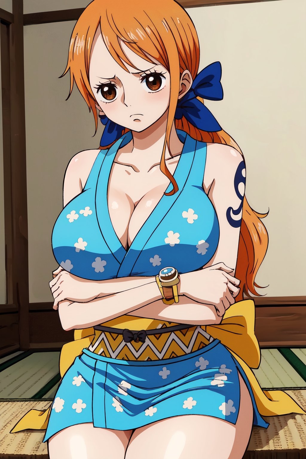 masterpiece, best quality, highres, nami (one piece), long hair, orange hair, low ponytail, hair bow, blue bow, brown eyes, collarbone, cleavage, short kimono, blue kimono, sleeveless, bare arms, bracelet, sash, obi, , crossed arms, frown,nami (one piece),huge_boobs,sitting,anime face,