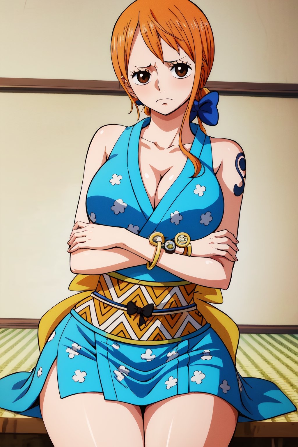 masterpiece, best quality, highres, nami (one piece), long hair, orange hair, low ponytail, hair bow, blue bow, brown eyes, collarbone, cleavage, short kimono, blue kimono, sleeveless, bare arms, bracelet, sash, obi, , crossed arms, frown,nami (one piece),huge_boobs,sitting,anime face,