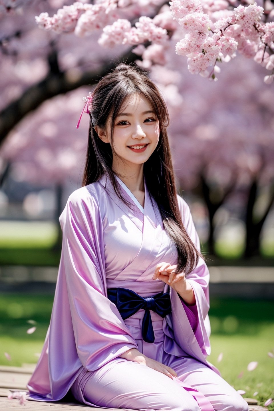 sit under Yoshino Cherry tree, blown , pink purple kimono, smile, 3/4 pose, night, long straight hair,