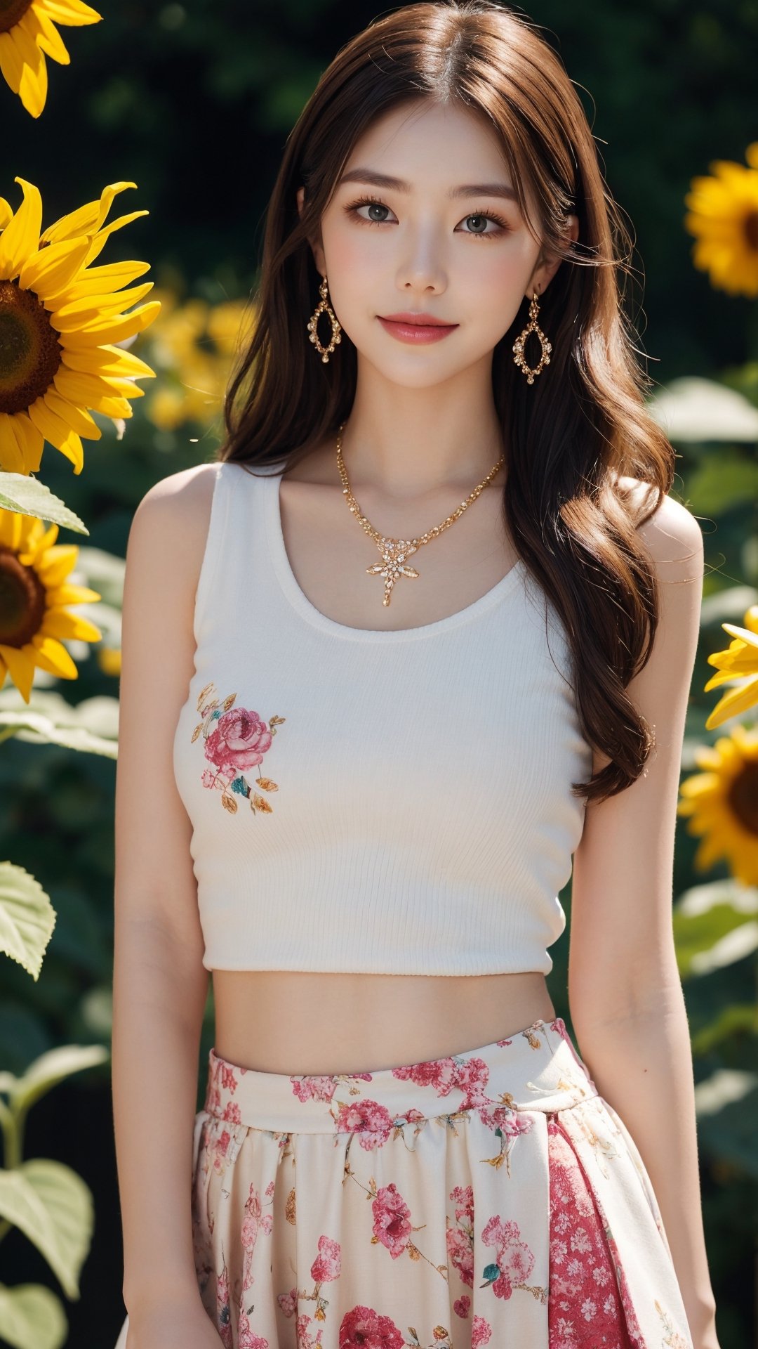 "Dressed in a snug white sleeveless top adorned with floral patterns, paired with a skirt featuring a radiant sunflower motif, she stands against a black backdrop, bathed in warm light. Her long, flowing red hair cascades in gentle waves, framing her perfect figure and adding a touch of vibrancy to the ensemble. Adorned with earrings and a necklace, she accessorizes with subtle elegance. With flawless features and a rosy smile, her cheeks carry a subtle flush, capturing the essence of a gentle and timeless beauty. The warm light accentuates her presence against the dark background, creating a captivating image that seamlessly blends grace, charm, and a radiant aura."